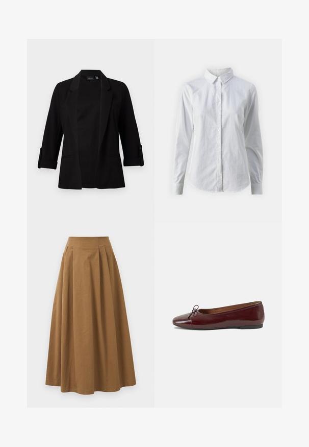 Čierny blejzer s trojštvrťovými rukávmi, štruktúrovaným klopom, predným otvoreným dizajnom a detailom gombíka na rukávoch. Hladká tkanina.; Biela košeľa s gombíkmi vyrobená z hladkej bavlny, s klasickým golierom, dlhými rukávmi a zakriveným lemom. Gombíky sú malé a biele.; Hnedá bavlnená sukňa A-línie s vysokým pásom, so skladmi vpredu a hladkou textúrou. Hranice sú čisté a jednoduché.; Burgundské lakované balerínky s okrúhlou špičkou, malou mašľou na prednej strane a nízkou čiernou gumovou podrážkou. Hladký povrch.