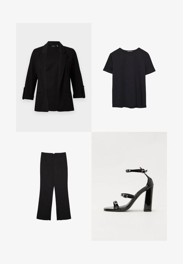 Svart blazer med trekvartslånga ärmar, strukturerad krage, öppen framsidesdesign och knapprad på ärmarna. Slät tygtextur.; En enkel svart bomulls T-shirt med kort ärm och rund hals, uppvisad på en vit bakgrund.; Svarta byxor med rak passform, utrustade med framfickor och sidoklyvningar vid fållen. Tillverkade av mjukt, slätt tyg. Lämpliga för olika tillfällen.; Svarta lackerade klacksandaler med fyrkantig tå, ankelremmar och silverfärgade spännen. Har en kraftig blockklack för stabilitet.