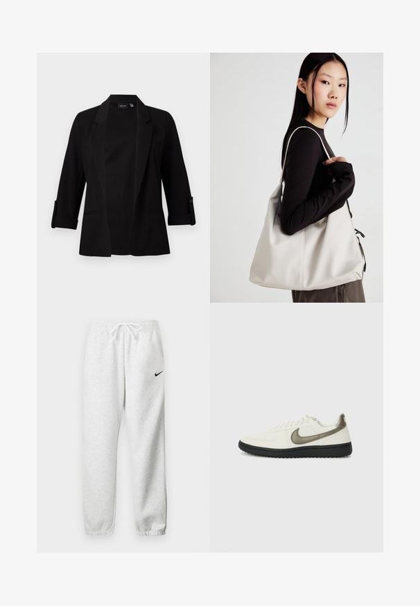 Mustas bleiser kolmeveerandvarrukatega, struktureeritud krae, avatud esikülg ja nupud varrukatel. Sile kangastekstuuri.; Mustast ja kreemjast värvist ilma varrukateta puuvillased topid, millel on ümmargused kaeluseaukud ja sile tekstuur, millel on nähtavad sildid.; Hallid hallid dressipüksid, mis on valmistatud pehmest kangast, elastse vöökoha ja stringiga, vasakul reitel väike must Nike logo.; Nike Sportswear FIELD GENERAL - Tossud - off-white/black; Bež käekott pehme materjali, millel on lõtv disain, õmblustega detailid ja kaks õlarihma. Sobib igapäevaseks kasutamiseks.