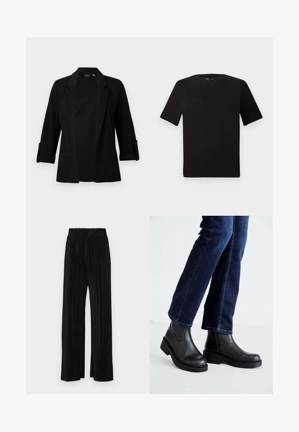 Blazer preto com mangas de três quartos, lapela estruturada, design aberto na frente e detalhe em botão nas mangas. Textura de tecido lisa.; T-shirt preta de mangas curtas com decote redondo, feita de tecido de algodão suave. Design simples, sem logótipos ou padrões visíveis.; Calças pregueadas pretas com uma cintura elástica. Apresentam pernas largas e um tecido liso, texturizado com riscas verticais.; Botas de tornozelo de couro preto com sola grossa e painéis elásticos laterais, combinadas com jeans azul escuro. O chão é de cor clara.
