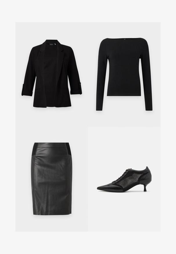 Blazer preto com mangas de três quartos, lapela estruturada, design aberto na frente e detalhe em botão nas mangas. Textura de tecido lisa.; Camisola preta de mangas longas com decote barco, feita de um tecido suave. Design simples, sem padrões ou detalhes.; Saia lápis de couro preto com um design justo, textura suave e detalhes em cintura elástica de ambos os lados. Barra reta na parte inferior.; Shoe preto de bico fino com um design de painel em malha, apresentando um salto baixo e amarração na parte da frente. Feito de uma combinação de couro e material de malha.