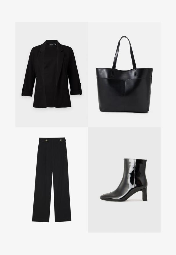 Fekete blézer háromnegyedes ujjakkal, struktúrált hajtókával, elöl nyitott kialakítással és gombdíszítéssel az ujjain. Simára szövött anyag.; Két hosszú ujjú felső, az egyik fekete, a másik fehér, mindkettő négyzet alakú nyakkivágással rendelkezik, és puha, rugalmas anyagból készült.; Fekete, bő szárú nadrág magas derékkal, gombos részletekkel a derékrészen és elülső pliszékkal.; Fekete lakk bőrcipő bokáig érő, hegyes orral és közepes magasságú tömbsarokkal. Simább textúrával és minimalista dizájnnal rendelkezik.; Fekete bőr bevásárlótáska két hosszú fogantyúval, sima felülettel és strukturált formával. Elülső zseb található rajta a plusz tárolás érdekében.