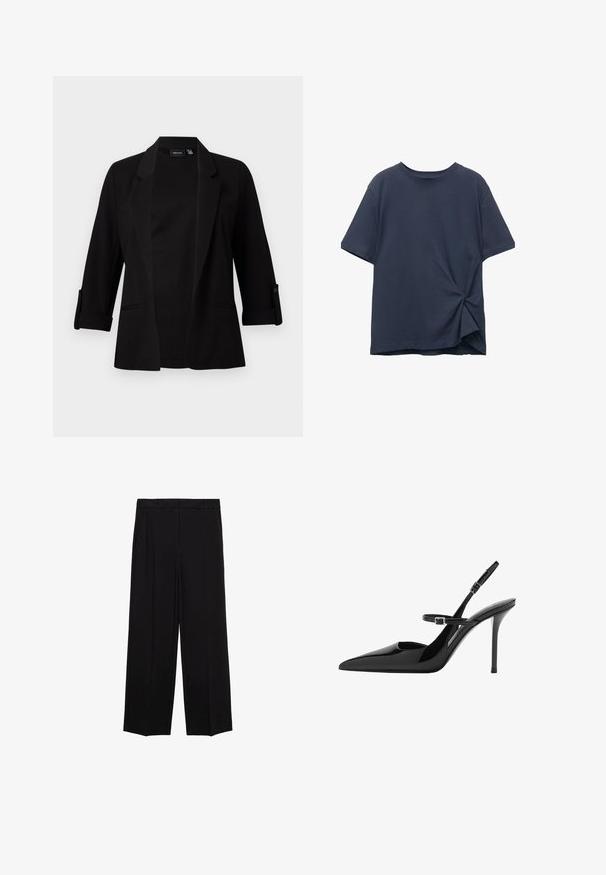 Czarny żakiet z rękawami do trzech czwartych, z wyraźnym kołnierzem, otwartym przodem i detalem w postaci guzika na rękawach. Gładka tekstura materiału.; Granatowa, krótko rękawowa koszulka z bawełny; wyróżnia się skręconym węzłem po bokach, okrągłym dekoltem i luźnym krojem.; Czarne spodnie o szerokich nogawkach z gładkiego materiału, z plisami z przodu i bocznymi kieszeniami, zaprojektowane w prostym, luźnym kroju.; Czarne lakierowane szpilki slingback z ostrym noskiem, regulowanym paskiem i obcasem w kształcie stiletto. Gładka powierzchnia o błyszczącym wykończeniu.