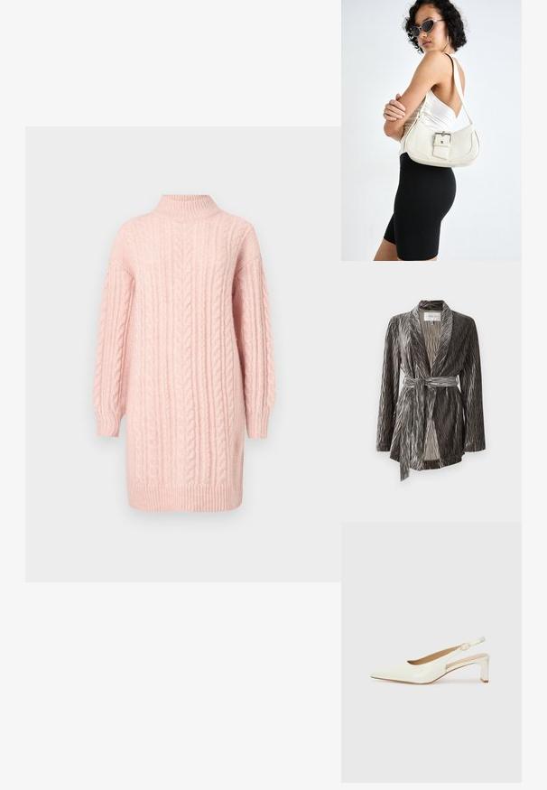 Soft, textured gray wrap jacket with long sleeves, pleated design, and a matching belt. Features a shawl collar and mid-length cut.; Soft pink cable-knit sweater dress with long sleeves and a ribbed mock neck, hem, and cuffs on a white background.; White patent leather slingback shoe with a pointed toe and a low block heel. Features a subtle strap with a gold-tone buckle detail.; White leather handbag with a curved shape, adjustable strap, and a small buckle detail. Model wears a fitted black outfit.