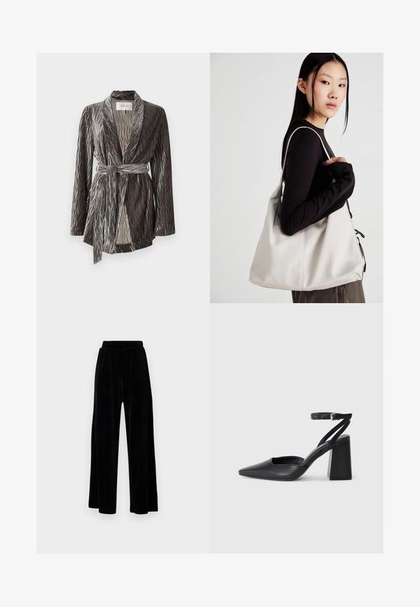 Mīksta, teksturēta pelēka apmetņa jakas ar garām piedurknēm, ar pleitētu dizainu un atbilstošu jostu. Ir šaula apkakle un vidēja garuma griezums.; Divas garām piedurknēm krekli: viens melns un viens balts. Abiem ir apaļa izgriezne, raglanu piedurknes un mīksta kokvilnas maisījuma audums.; Melni platajā stila bikses, izgatavotas no mīksta samta, ar elastīgu jostu un gludu tekstūru, bez redzamām detaļām vai rakstiem.; Melna ādas augstpapēžu kurpe ar norakstīto purngala formu, potītes siksniņu un masīlu papēdi. Gluda tekstūra, elegants dizains un minimālisma estētika.; Bežs rokassoma, izgatavota no mīksta materiāla, ar brīvu dizainu, izšūtu apdari un divām plecu siksnām. Piemērota ikdienas lietošanai.