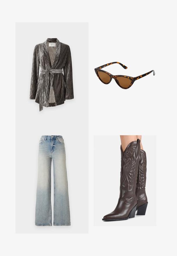 Mekani, teksturirani sivi kaput sa dugim rukavima, nabranim dizajnom i odgovarajućim remenom. Ima šal kragnu i srednju dužinu.; Crni dolgi rukav majica od teksturirane čipke, s valovitim izrezom i prilagođenim dizajnom s skraćenim siluetom.; Svijetloplave široke traperice od denima, s visokim strukom, pet džepova i vidljivim šavovima duž šavova.; Smeđe kožne kauboj čizme s šiljastim vrhom i blok-potpeticom, s detaljno izvezenim šavovima i uzdignutim naglascima na okovu.; Sunglasses u obliku mačjih očiju s okvirom u crno-narančastom kornjačevom uzorku, smešnim lećama i elegatnim, šiljastim vrhovima. Sadrži minimalni logo na dršci.