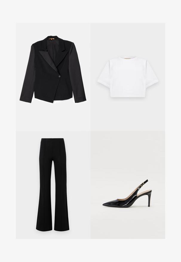 Stine Goya AURORA - Žakete - jet black; Izgriezta balta T-krekla no mīksta auduma, ar īsām piedurknēm, apaļu apkakli un ribota apakšmala. Vienkāršs un neizpušķots dizains.; Melnas platas bikses ar augsto jostasvietu, izgatavotas no elastīga auduma. Satur vertikālas šuvju detaļas priekšpusē un gludu tekstūru.; Melnas lakotās ādas slingback kurpes ar izteiktu degunu, šauru papēdi un smalku izgriezumu dizainu. Siksniņai ir zelta sprādze.