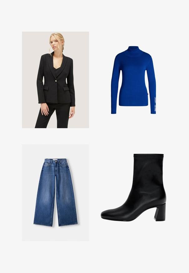 Motivi MONOPETTO - Blazer - nero; Blauwe coltrui van zacht, rekbaar materiaal. Beschikt over lange mouwen en de tekst "JOOP! JEANS" in het wit gedrukt op de rechtermouw.; Bershka WIDE-LEG - Wide leg - dark blue; Zwarte enkellaars van soepel leer. Heeft een vierkante neus, een elastische bovenkant en een chunky hak voor stabiliteit. Minimalistisch ontwerp.