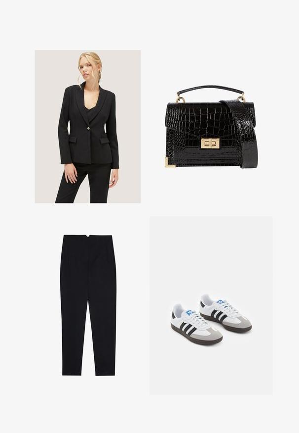 Motivi MONOPETTO - Blazer - nero; Tessuto di cotone nero con una texture liscia e scollatura rotonda, caratterizzato da un motivo a grana sottile e uniforme. Nessun logo o accento visibile.; Pantaloni neri realizzati in un tessuto testurizzato, con un frontale piatto, tasche laterali e una vestibilità dritta con vita medio-alta.; Scarpe sportive con tomaia in pelle bianca, punta in suede grigia e tre strisce nere. Presentano un logo blu sulla linguetta e una suola in gomma testurizzata.; Borsa a tracolla nera in pelle verniciata con texture a coccodrillo, hardware dorato, manico superiore e una tracolla removibile. Forma rettangolare con chiusura a patta.