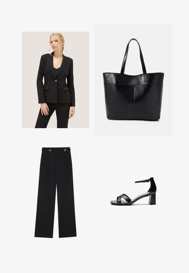 Motivi MONOPETTO - Blazer - nero; Top negro de manga larga con puños acampanados, textura suave y un ajuste relajado, con un sencillo cuello redondo.; Pantalones de pierna ancha negros con cintura alta, detalles de botones en la cinturilla y pliegues en la parte delantera.; Sandalía negra de tacón abierto con tiras cruzadas, correa de tobillo ajustable y un tacón grueso, que presenta una textura de cuero suave.; Bolso tote de cuero negro con dos asas largas, textura suave y forma estructurada. Cuenta con un bolsillo frontal para almacenamiento adicional.