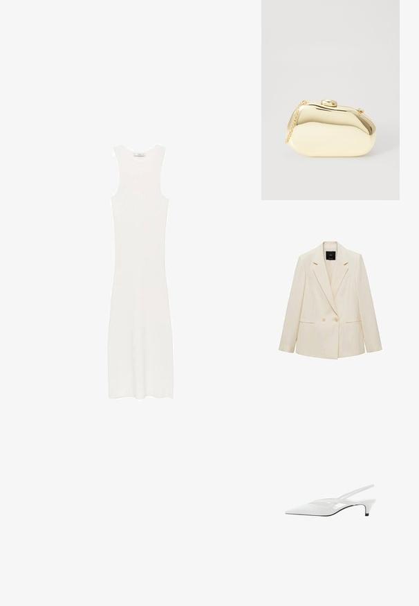 Béžový dvouřadý blejzr s klopovým límcem, dvěma předními kapsami a zapínáním na knoflíky. Vyrobeno z hladkého materiálu s přiléhavým střihem.; Bílé, bezramenní, žebrované pletené šaty s přiléhavým siluetou, dosahujícími pod kolena. Jednoduchý a minimalistický design, bez vzorů nebo kovových detailů.; Bílé slingback podpatky se špičatou špičkou, s hladkým svrškem, jemnými výřezy a nízkým blokovým podpatkem. Černá podrážka zvýrazňuje design.; Metalická zlatá kabelka s hladkým, zaobleným tvarem, opatřená horním zapínáním na knoflík a malým řetízkovým popruhem pro nošení.