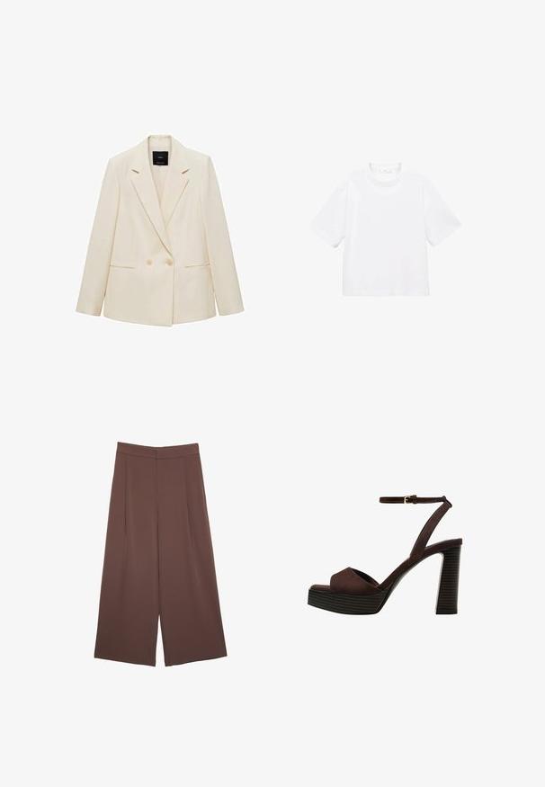Dubbelzijdige blazer in crème, met een notch-kraag, twee voorzakken en knoopsluiting. Gemaakt van een gladde stof met een gestructureerde pasvorm.; Witte katoenen t-shirt met korte mouwen en een ronde hals. Eenvoudig ontwerp, losse pasvorm, gladde textuur. Geen patronen of accenten zichtbaar.; Bruine wijde broek met een gladde textuur, voorzien van een hoge taille en plooien aan de voorkant. De stof is lichtgewicht en valt losjes.; Bruine suède high-heeled sandaal met een open teen, verstelbare enkelband en een gestreepte plateauzool.