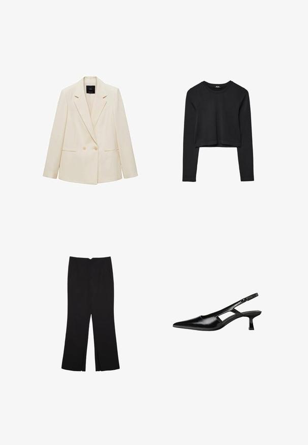 Blazer doppiopetto color crema, con colletto a rotondo, due tasche frontali e chiusura a bottone. Realizzato in tessuto liscio con una vestibilità strutturata.; Top cropped nero a maniche lunghe con scollatura tonda, design semplice e orlo leggermente curvo.; Pantaloni neri a gamba dritta, con tasche frontali e spacchi laterali all'orlo. Realizzati in tessuto morbido e liscio. Adatti a diverse occasioni.; Tacchi slingback in pelle verniciata nera con punta affusolata, design con tagli laterali e tacco quadrato piccolo. Texture liscia con dettagli minimi.