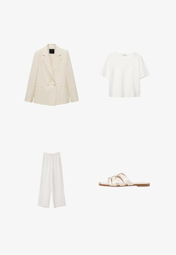 Kaksirivinen bleiseri vaaleassa sävyssä, jossa on hammaslasku, kaksi etutaskua ja nappilukitus. Valmistettu sileästä kankaasta, jossa on jämäkkä istuvuus.; Valkoinen lyhythihainen T-paita, joka on tehty puuvillasta. Siinä on pyöreä kaula-aukko ja rento malli. Silkkinen pinta ilman näkyviä kuvioita tai koristeita.; Valkoiset leveälahkeiset housut kevyestä kankaasta. Ominaisuuksiin kuuluu elastinen vyötärö, jossa on nauhakuuluma ja sivutaskut. Sileä rakenne.; Tason vaaleanruskealla kumipohjalla, jossa on kolme päällekkäistä valkoista nahkaremmiä ja pieni satiininen rusetti keskellä.