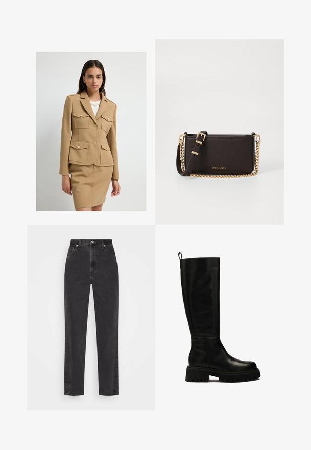 Mladá žena v béžovém saka na míru se čtyřmi kapsami na knoflíky a odpovídající sukní na bílém pozadí.; Bílé košile s knoflíky, dlouhými rukávy, strukturovaným límcem a zaobleným lemem. Vyrobeno z hladké, jednolité tkaniny bez viditelných vzorů nebo akcentů.; Černé džíny se rovnými nohavicemi a vysokým pasem, se zapínáním na knoflík a zip, a pěti kapsami na bílém pozadí.; Černé kožené vysoké boty až ke kolenům s elegantním designem, zaoblenou špičkou a robustní gumovou podrážkou s hlubokými syzami a poutkem na horní části.; MICHAEL Michael Kors BRYANT SM XBODY POUCHETTE - Taška s příčným popruhem - chocolate
