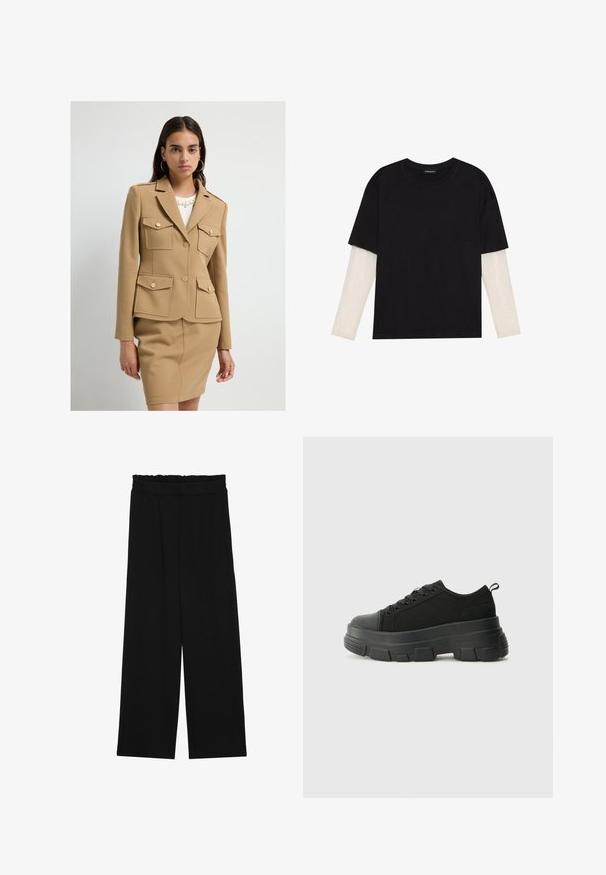 Jonge vrouw in een beige op maat gemaakte blazer met vier knoopzakken en een bijpassende rok voor een effen witte achtergrond.; Zwarte T-shirt van katoen, met korte mouwen over een witte lange mouw laag met een subtiel textuurpatroon. Ronde hals ontwerp.; Zwarte wijde broek met een gerimpelde tailleband, voorzien van twee zijzakken en een soepele, lichte stof. Geen zichtbare patronen of hardware.; Zwarte sneakers met een stevige rubberen zool, textiel bovenwerk, ronde neus en vetersluiting. Beschikt over versterkte oogjes en een trekstrip aan de achterkant.