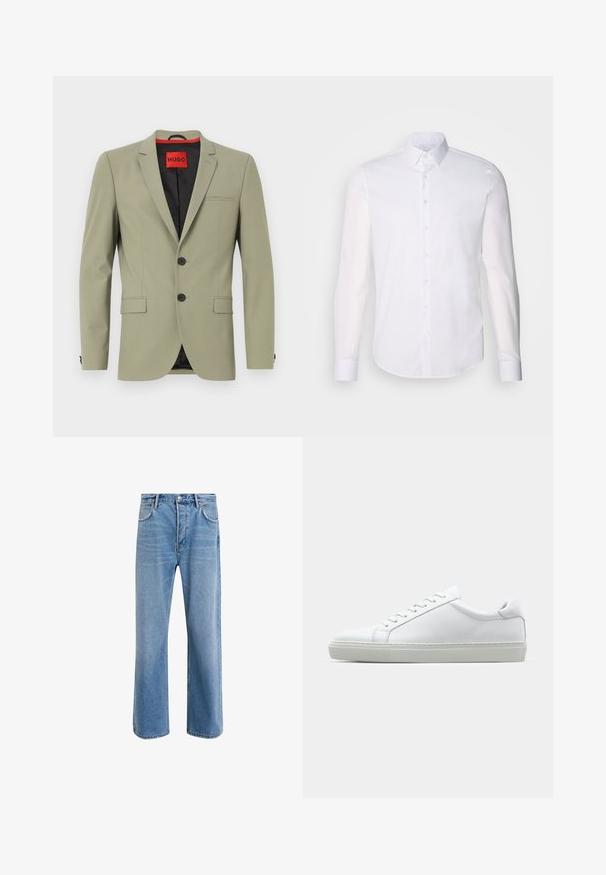 Világos zöld zakó két fekete gombbal, egysoros zsebbel, reveres hajtókával és fekete béléssel. A címkén "HUGO" olvasható piros színben.; Fehér, hosszú ujjú, gombos ing, pamutból készült, klasszikus gallérral, elöl gombokkal és minimalista varrási részletekkel.; Világoskék farmernadrág, egyenes szárú fazonnal, öt zsebbel, gombos záródással, minimális kopással és kontrasztos varrással.; Fehér sportcipő sima bőr felső résszel és alacsony profilsal. Kerek orr, hat fűzőlyuk és barázdált gumitalp jellemzi.