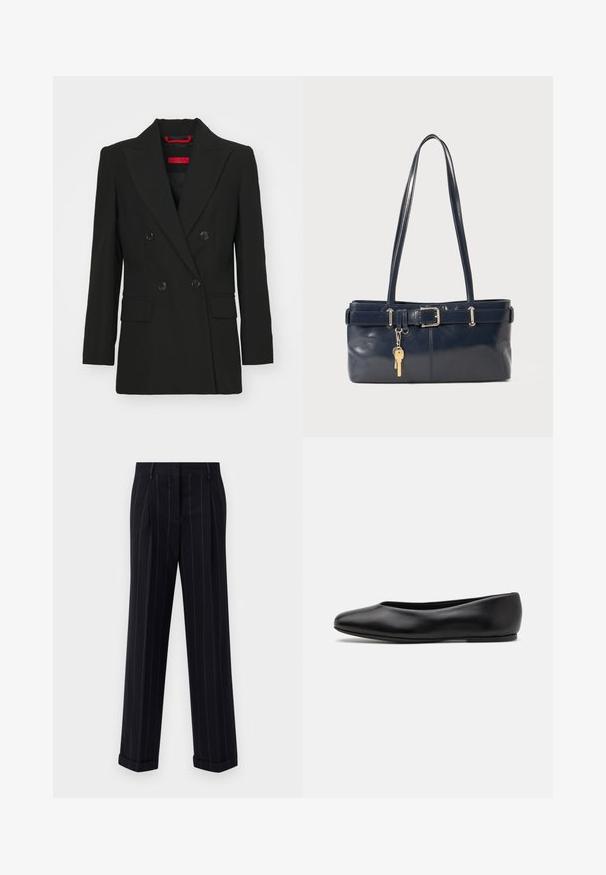 Zwarte dubbelzijdige blazer met piekflappen, twee voorzakken en knoopsluitingen. Gladde textuur, getailleerde pasvorm, en rood merkembleem zichtbaar.; Donkerblauwe trui met een ronde halslijn, lange raglanmouwen, geribbelde manchetten en een rechte zoom. Gemaakt van een zachte, gestructureerde breimateriaal.; Zwarte broek met streepjes in een getailleerde pasvorm, voorzien van een omgeslagen zoom en voorplooien. Gemaakt van een gladde stof met een gestructureerd ontwerp.; Paul Smith TOPANGA - Ballerina's - black; Marine leren handtas met twee lange hengsels, een gespdetail en een sleutelhanger eraan bevestigd. Heeft een gladde textuur en een rechthoekige vorm.