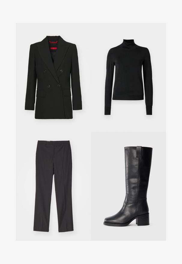 Črn dvojniki blazer z vrhunskimi reverji, dvema sprednjima žepoma in gumbnimi zap closures. Gladka tekstura, krojen prileganje in rdeča blagovna znamka vidna.; Črni pulover s dolgimi rokavi in vratnikom, z rebrastimi манжетами in robom, prikazan na enobarvni beli podlagi.; Črne krojene hlače s ravnim krojem, ki imajo zanke za pas in gladko teksturo, narejene iz lahkega materiala.; Črne usnjene škornje do kolen z gladko teksturo, kvadratnim nosom, blok peto in stranskimi zankami za obuvanje, ki vsebujejo minimalne šive.