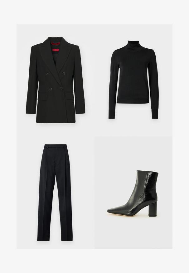 Črn dvojniki blazer z vrhunskimi reverji, dvema sprednjima žepoma in gumbnimi zap closures. Gladka tekstura, krojen prileganje in rdeča blagovna znamka vidna.; Črni pulover s dolgimi rokavi in vratnikom, z rebrastimi манжетами in robom, prikazan na enobarvni beli podlagi.; Črne hlače iz gladkega materiala, ki imajo visok pas, široke noge, sprednje nabore in klasične zanke za pas. Nevidni stranski žepi.; Črne gležnjarje iz sijoče usnje s koničastim nosom in masivnim kvadratnim peto. Imajo gladko teksturo in minimalističen dizajn.