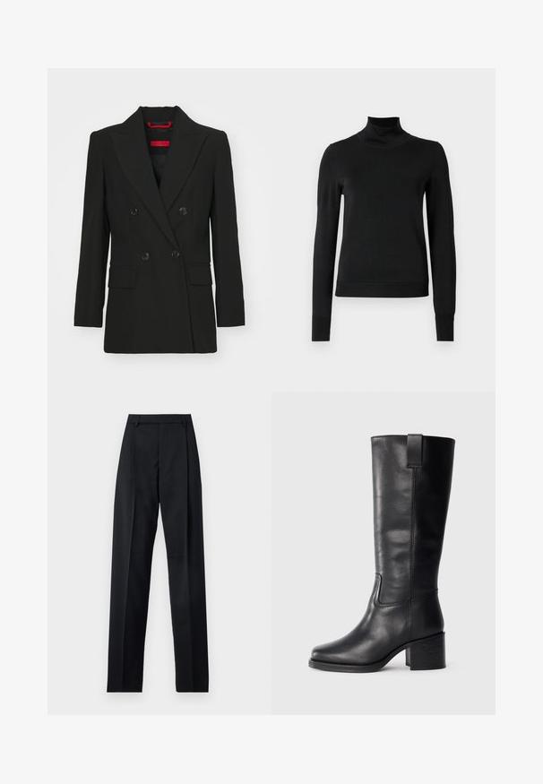 Crni dvoredni sako s oštrim reverima, dva prednja džepa i kopčama na dugmad. Glatka tekstura, prilagođeni kroj i vidljiva crvena oznaka brenda.; Crna dugosruga majica s rolijom i rebrastim manžetama i donjim rubom, prikazana na jednostavnoj bijeloj pozadini.; Crne hlače od glatkog materijala s visokim strukom, širokim nogavicama, prednjim pregibima i klasičnim petljama za remen. Nema vidljivih bočnih džepova.; Crne kožne čizme do koljena s glatkom teksturom, kvadratnim vrhom, blok petom i bočnim ručkom, s minimalnim detaljima šivanja.