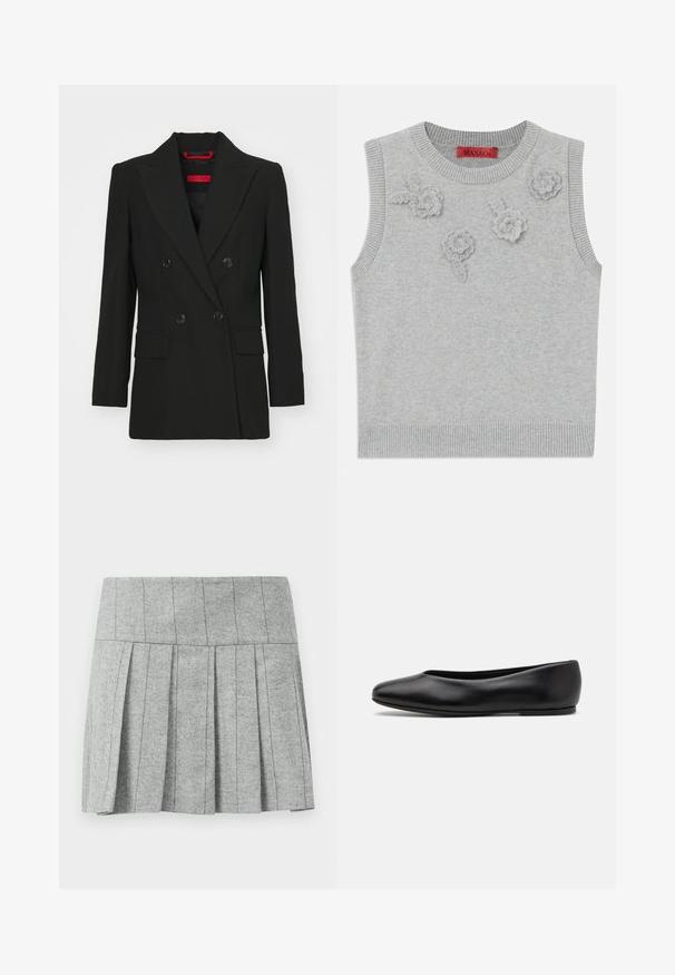 Černý dvouřadý blazer s špičatými klopami, dvěma předními kapsami a knoflíkovým zapínáním. Hladká textura, příjemný střih a viditelná červená značka.; Svetle šedý bezrukávový svetr s ribovaným výstřihem a lemem. Na přední straně jsou tři texturované květinové aplikace. Značka: MAX&Co.; Šedá plisovaná sukně vyrobená z látky s rybí kostrou; má strukturovaný pas a rovný střih na spodní části.; Paul Smith TOPANGA - Klasické baleríny - black