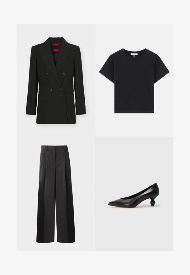 Čierny dvojradový sak s špicatými klopami, dvoma prednými vreckami a gombíkovým zapínaním. Hladká textúra, prispôsobený strih a viditeľná červená značka.; Čierny skrátený tričko vyrobené z bavlny, s okrúhlym výstrihom, krátkymi rukávmi a jednoduchým dizajnom bez vzorov alebo ozdôb.; Čierne široké nohavice s vysokým pásom, so záhybmi vpredu, hladkou textúrou a prispôsobeným strihom. Navrhnuté pre uvoľnený strih.; Čierna kožená vysoká topánka na podpätku s ostrým špičkou a okrúhlym, guľatým podpätkom. Hladký povrch s moderným, minimalistickým dizajnom.