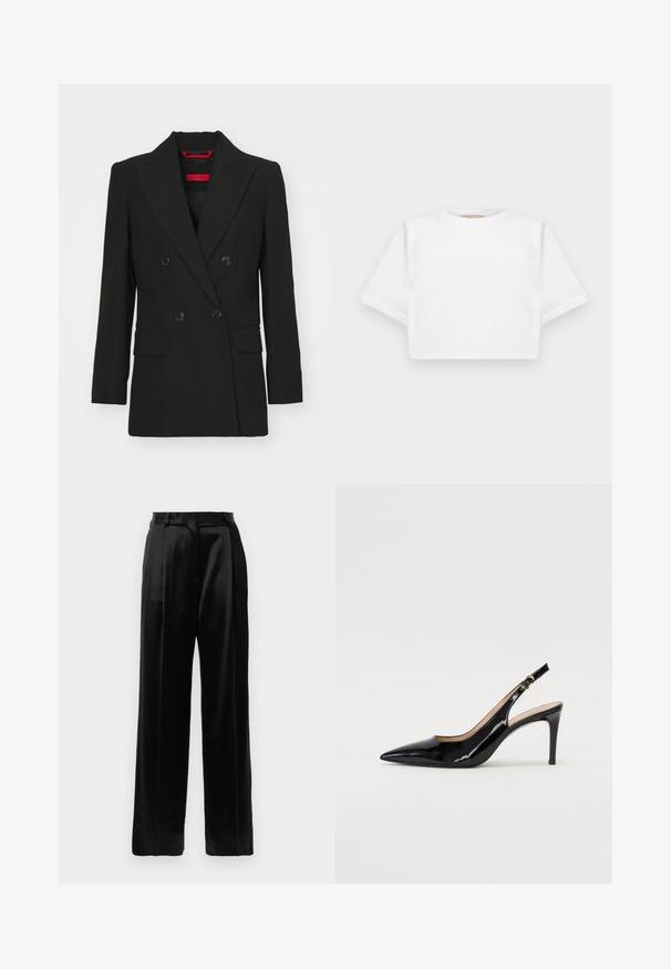 Blazer negru cu două rânduri de nasturi, rever ascuțit, două buzunare frontale și închidere cu nasturi. Textură netedă, croială ajustată și etichetă de marcă roșie vizibilă.; Tricou alb scurt dintr-un material moale, cu mâneci scurte, decolteu rotund și detalii ribbrate la margine. Design simplu și fără embellishments.; Pantaloni negri din satin, cu talie înaltă, picioare drepte și largi, cu bucle pentru curea și închidere plată, pe un fundal alb simplu.; Pantofi slingback din piele patent neagră, cu vârful ascuțit, tocul subțire și un design discret cu decupaj. Se evidențiază printr-un cataramă aurie pe curea.