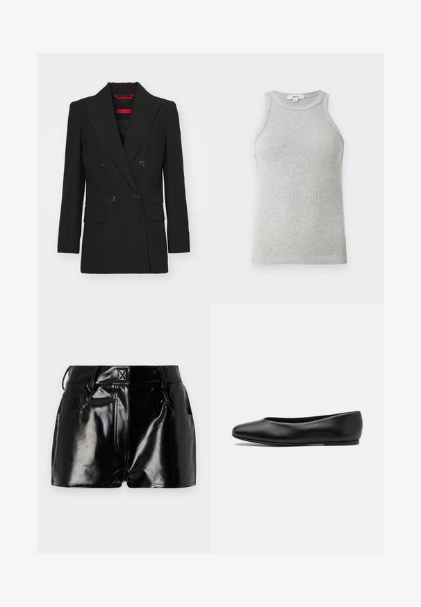 Czarna dwurządowa marynarka z szpiczastymi klapami, dwoma przednimi kieszeniami i zapięciem na guziki. Gładka tekstura, dopasowany krój i widoczna czerwona metka marki.; Szary prążkowany T-shirt na ramiączkach o dopasowanym kroju, z szerokimi wycięciami na ramionach i okrągłym dekoltem. Wykonany z miękkiej bawełnianej tkaniny o gładkiej fakturze.; Czarne, błyszczące spodenki wykonane z materiału syntetycznego. Posiadają dopasowaną talię, szlufki na pasek oraz przednie kieszenie z wyraźnymi detalami stębnowania.; Paul Smith TOPANGA czarny