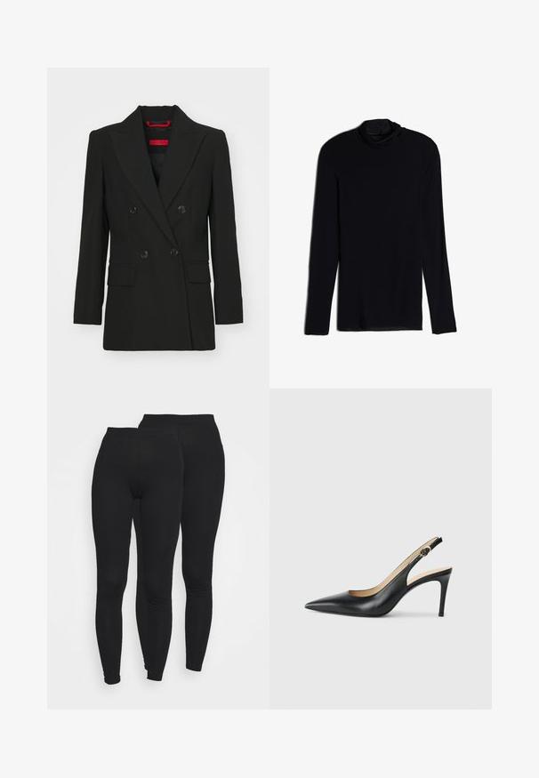 Zwarte dubbelzijdige blazer met piekflappen, twee voorzakken en knoopsluitingen. Gladde textuur, getailleerde pasvorm, en rood merkembleem zichtbaar.; Zwarte langemouwen top met een cowlneck, gemaakt van een zachte, gladde stof; aansluitend ontwerp met rechte zoom en geen zichtbare naden.; Zwarte legging met een elastische tailleband, gemaakt van een gladde, rekbare stof. Kenmerkt zich door een aansluitend ontwerp dat naar de enkels toe smaller wordt.; Zwarte leren slingback-hakken met een spitse neus, verstelbare band en een elegante stiletto-hak, met een gladde afwerking.