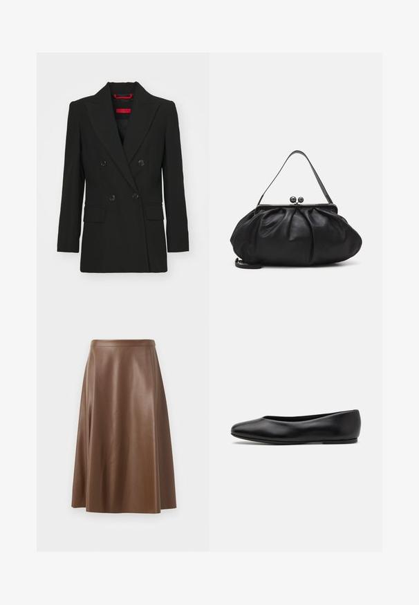 Mustat kaksiriviset bleiserit, joissa on huippukannukset, kaksi etutaskua ja nappisuljenta. Sileä rakenne, hyvin istuva malli ja näkyvä punainen brändilogo.; Mustat hihattomat paidat, joissa on ohut spagettiolkaimet, valmistettu ribbikankaasta. Paidassa on suora leikkaus ja kaula-aukon kohdalla on lappu, jossa lukee "IVY OAK."; Ruskea nahkainen A-linjainen hame, jossa on sileä pinta ja keskipitkä helma. Varustettu istuvalla vyötäröllä ja kevyellä levennyksellä lantiolta.; Paul Smith TOPANGA - Ballerinat - black; Musta nahkalaukku, jossa on pyöreä, poimutettu muotoilu. Varustettu metallisella lukolla, jossa on kaksi koristepalloa ja ohut, irrotettava olkahihna.