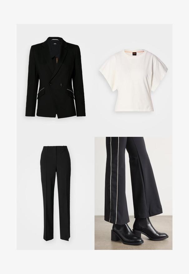 Μαύρο σακάκι διπλού γκρίζου με θηλιές, με φερμουάρ πλευρικές τσέπες και ένα λείο, υφασμάτινο υλικό. Η επένδυση είναι ορατή στον λαιμό.; Λευκό κοντομάνικο μπλουζάκι, φαρδιές κοντές μανίκες, μαλακό βαμβακερό υλικό, στρογγυλή λαιμόκοψη με διακριτική πορτοκαλί λεπτομέρεια, μινιμαλιστικός σχεδιασμός, χωρίς σχέδια ή γραφικά.; Μαύρο παντελόνι με ραφή που έχει σχεδιασμό ίσιας γραμμής, διαθέτει λεία υφή και καθαρές πτυχώσεις κατά μήκος της μπροστινής πλευράς. Χωρίς ορατό μεταλλικό υλικό.; Μαύρες δερμάτινες μπότες μέχρι τον ασρό με τετράγωνη φτέρνα, που διαθέτουν ελαστικές πλάγιες ρίγες. Συνδυασμένες με μαύρο παντελόνι που έχει λευκή πλαϊνή ρίγα.