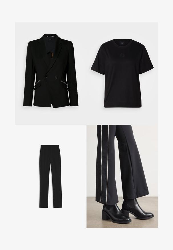 Musta kaksirivinen bleiseri, jossa on lovetut kaulukset, vetoketjulliset sivutaskut ja sileä, teksturoitu kangas. Vuori näkyy kauluksessa.; Musta puuvillapaita, jossa on pyöreä kaula-aukko, lyhyet hihat ja brodeerattu logo rinnassa. Yksinkertainen, rento istuvuus ilman kuvioita.; Mustat räätälöidyt housut suoran lahkeen designilla, joissa on etutaskut ja sileä, teksturoitu kangas. Siistit, minimalistiset yksityiskohdat.; Mustat nahkasaappaat nilkkapituisilla, lohkareella, joissa on joustavat sivupaneelit. Yhdistetty mustiin housuihin, joissa on valkoinen sivuraita.