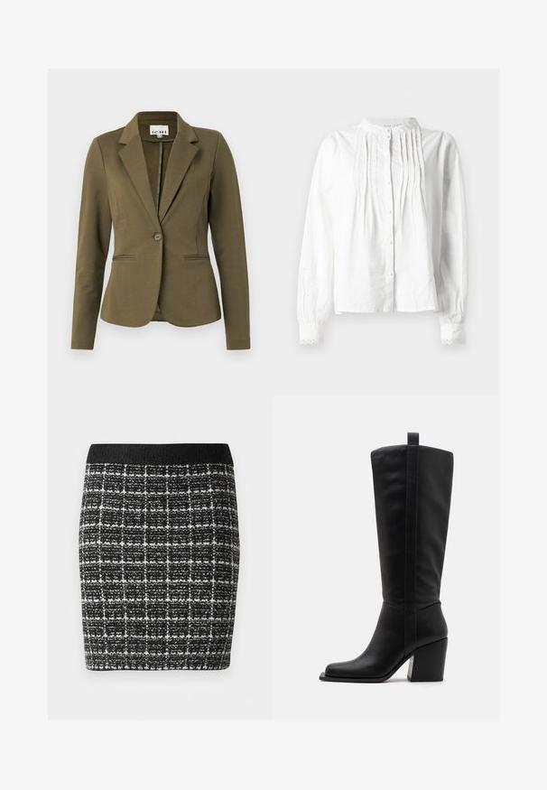 Olīvzaļš žakets ar izgrieztu apkakli, vienas pogas aizdari, divām priekšējām kabatām un strukturētu audumu. Minimālistisks dizains.; Balta garo piedurkņu blūze ar stāvo apkakli, vertikālām krokām priekšā, pogu aizdari un mežģīņu apmali pie piedurknēm.; Melnā un baltā kvadrātveida svārki ar teksturētu audumu, ar melnu jostasvietu un pieguļošu siluetu.; Melna ādas zābaku līdz ceļgaliem ar kvadrātveida purngaliem, sašaurinātu papēdi un vertikālām šuvēm gar ārējo šuvi. Gluda tekstūra.