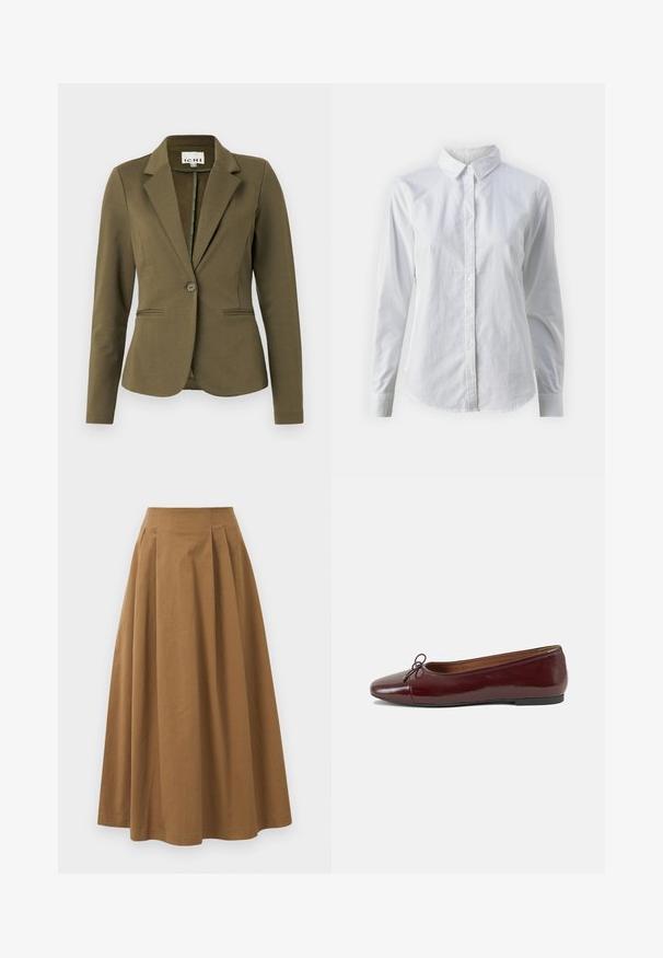 Oliivroheline bleiser, millel on lõikega krae, ühe nupuga kinnitamine, kaks esist taskut ja tekstuuriga kangas. Minimalistlik disain.; Valge nööpidega särk, mis on valmistatud siledast puuvillast. Särgil on klassikaline krae, pikad varrukad ja kaarduv äär. Nöödid on väikesed ja valged.; Pruun puuvillane A-line seelik kõrge vöökohaga, millel on voldid ees ja sile tekstuur. Pika serva viimistlus on puhas ja lihtne.; Burgundi patendnahk kingad balletitüüpi, ümmarguse ninaosa, ees väike paelaaktsent ja madal must kummist tald. Sile tekstuur.