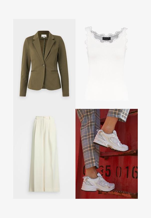Olivenfarget blazer med slagkrage, enkel knappåpning, to frontlommer og teksturert stoff. Minimalistisk design.; Hvit ribbete tank topp med blondedetaljer på halsen og ermene. Har en myk tekstur og en tettsittende fasong. Merket er synlig på innsiden.; Vidde-bukser i off-white stoff med høy midje, doble folder og knappelukking. Glatt tekstur og skreddersydd design.; Hvite nett sneakers med sølv detaljer og en teksturert såle, plassert på en rød overflate, i kombinasjon med rutete bukser.