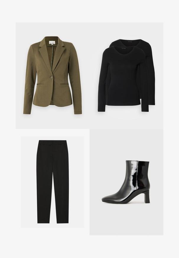 Olivno zelena blejzer s izrezanim ovratnikom, z enim gumbom za zapiranje, dvema sprednjima žepoma in strukturirano tkanino. Minimalističen dizajn.; Dve črne majice z dolgimi rokavi in V-izrezom, narejene iz mehkega in raztegljivega materiala, ki prikazuje gladko teksturo in prilegnjeno obliko.; Črne hlače z oblikovanim krojem, ki imajo stranske žepke in ravno nogavico. Narejene so iz gladkega, lahkotnega materiala z elegantnim zaključkom.; Črne lakirane gležnjarje z ošiljenim nosom in srednje visokim blokastim peto. Gladka tekstura in minimalističen dizajn.