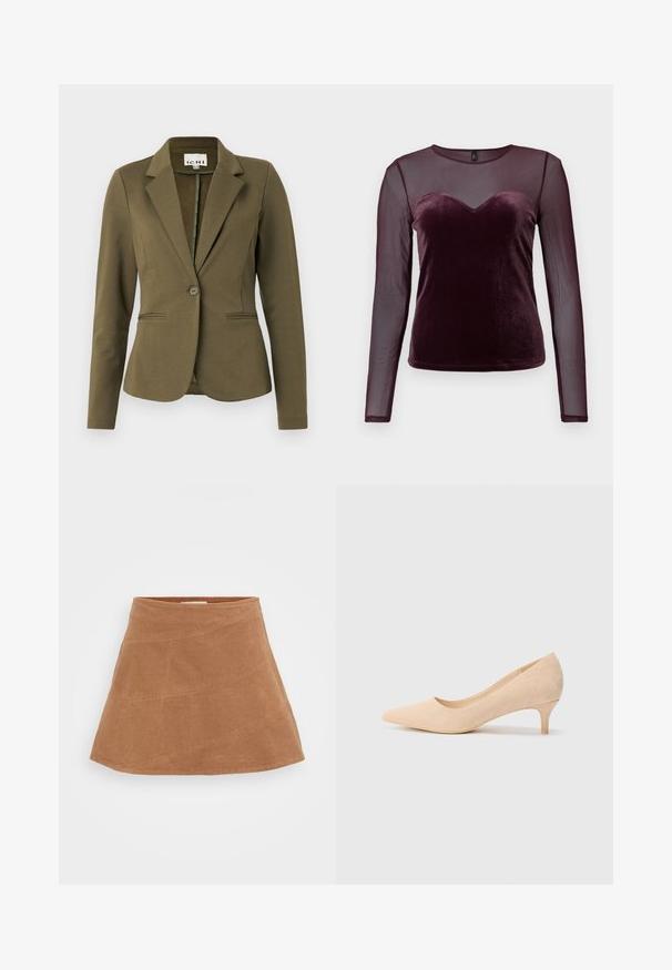 Olijfgroene blazer met een notch-kraag, enkele knoopsluiting, twee voorzakken en een gestructureerde stof. Minimalistisch ontwerp.; Bordeaux lange mouwen top met een fluwelen bodice, een hartvormige halslijn en doorschijnende mouwen van gaas, een gladde textuur en een strakke pasvorm.; Bruine corduroy mini-jurk met een uitlopende ontwerp, voorzien van diagonale naden en een gladde textuur. Platte tailleband aan de bovenkant.; Beige suède high-heel pump met een spitse neus en een slanke hak van 5 cm. Glad textuur met minimale details op de bovenkant.