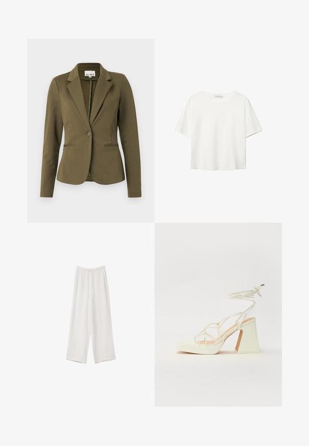Olivno zelena blejzer s izrezanim ovratnikom, z enim gumbom za zapiranje, dvema sprednjima žepoma in strukturirano tkanino. Minimalističen dizajn.; Bela kratka majica s kratkimi rokavi iz bombaža. Ima okroglo izrezovanje in sproščen kroj. Gladka tekstura brez vidnih vzorcev ali poudarkov.; Bele široke hlače iz lahkega materiala. Imajo elastičen pas s vrvico in stranske žepe. Gladka tekstura.; Bela sandala na visokih petah s debelim petam, ki ima obliko trakcev in vezanje okoli gležnja. Gladka tekstura z platformo spredaj za dodatno višino.
