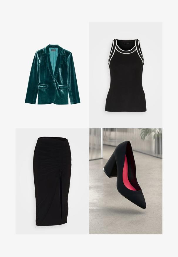 Teal bársonykabát, amelynek élénk hajtókája van, egy gombos záródással és két elülső zsebbel rendelkezik. Sima textúrájú és testhez álló fazon.; Fekete bordázott ujjatlan póló fehér díszítéssel. Kerek nyakú és versenypályás hátrész kialakítással rendelkezik. Rugalmas anyagból készült a kényelem érdekében.; Fekete, ráncolt ceruzaszoknya kötött részlettel és oldalsó hasítékkal. Rugalmas anyagból készült, sima textúrával és testhez álló kialakítással.; Fekete magassarkú cipő hegyes orral, textúrált felülettel és élénk rózsaszín béléssel. Vastag sarokkal rendelkezik, ezüst kiegészítővel.