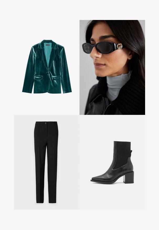 Tummansininen samettipuku, jossa on leikattu kaulus, yksittäinen nappikiinnitys ja kaksi etutaskua. Sujuva pinta ja muotoiltu istuvuus kauttaaltaan.; Leopardikuvioinen pitkähihainen paita, jossa on korkea kaula, valmistettu joustavasta kankaasta. Hihnassa on vaalea pohja ruskeilla pilkuilla. Sileä rakenne, tiukka malli.; Mustat muotolahkeiset housut, joissa on suora lahkeiden muotoilu, varustettuna nappikiinnityksellä ja vyölenkeillä, valmistettu sileästä kankaasta.; Mustapohjaiset nilkkurit, joissa on terävä kärki, valmistettu sileästä nahasta ja joustavasta kankaasta. Varustettu palakorkolla ja minimalistisella muotoilulla.; Mustat aurinkolasit, joissa on tyylikäs suorakulmainen kehys ja kultainen logo-akkentti sivussa. Tumma linssit ja kiiltävä pinta ovat huomattavissa.; Sininen kuviollinen käsilaukku, joka on valmistettu kankaasta, ja siinä on kaareva muoto, musta nahkakahva sekä logo suunnittelu vaaleammassa sävyssä.