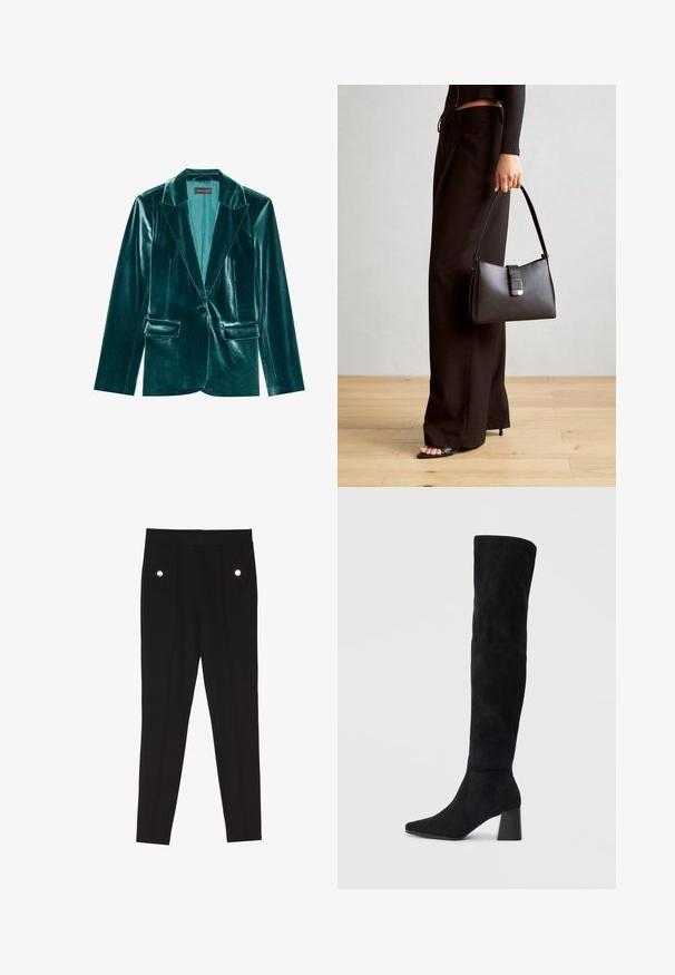 Turkio aksomo švarkas su išpjauta apykakle, vienu mygtuko užsegimu ir dviem priekinėmis kišenėmis. Lygus tekstūras ir pritaikytas siluetas visame švirkšte.; Juodas marškinėliai su briaunota tekstūra, apvalia iškirpte, kurią puošia balti apvalūs kraštai, ir trumpomis rankovėmis su atitinkamais kraštų akcentais.; Juodos pritaikytos kelnės su lygia tekstūra, turi dvi priekinės kišenes su dekoratyviniais aksesuarais ir siaurą siluetą.; Juoda zomšinė kelio ilgio batai su blokuotu kulnu, smailiu nosiu ir lygiu, be siūlių dizainu ant paprastos šviesios fono.; Juodas rankinė struktūrizuota forma, lygi tekstūra ir metalinis užsegimas. Suporuota su plačiomis juodomis kelnėmis ir atvirais bateliais ant medinių grindų.