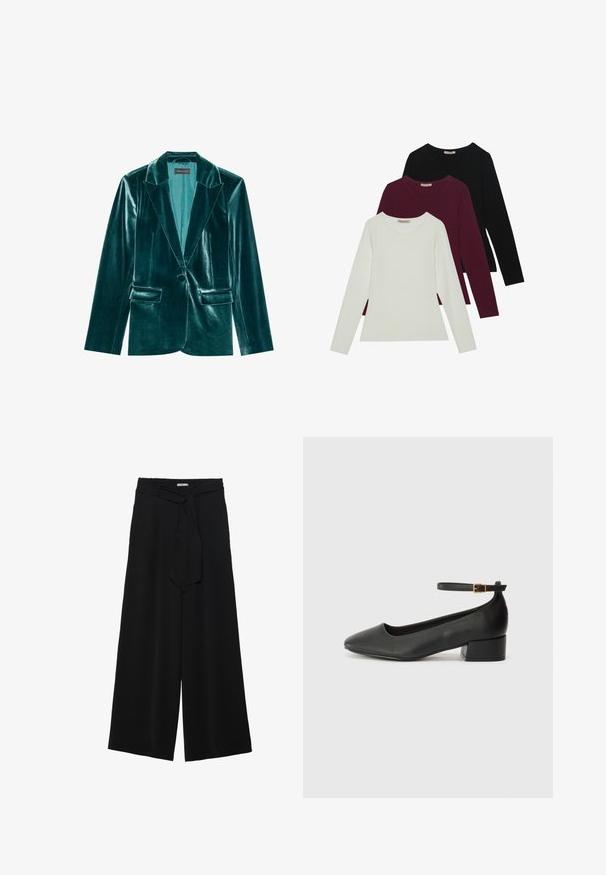 Türkiisi sametist bleiser notšitud kraega, ühe nupuga kinnitamine ja kaks esist taskut. Sile tekstuur ja kohandatud istuvus kogu ulatuses.; Pikad varrukad T-särgid valges, burgundis ja mustas. Valmistatud pehmest kangast, ümmarguse kaelusega ja keha lähedase kujundusega. Sobivad kihiliseks kandmiseks.; Mustad laiad püksid, millel on tekstureeritud kangas, elastne vöökoht ja eemaldatav pael vööst, et reguleerida sobivust.; Must mustaapp, millel on terav nina ja madal blokk-kand. Omab pahkluu rihma koos kuldse tooni pandlaga. Sile tekstuur.