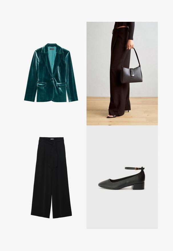 Teal bársonykabát, amelynek élénk hajtókája van, egy gombos záródással és két elülső zsebbel rendelkezik. Sima textúrájú és testhez álló fazon.; Hosszú ujjú pólók fehér, burgundi és fekete színben. Puha anyagból készült, kerek nyakú és testhez simuló fazonú. Réteges öltözködéshez is alkalmas.; Fekete, bő szárú nadrág, texturált anyagból, rugalmas derékpánttal és levehető sállal a derekán, amely állítható illeszkedést biztosít.; Fekete bőr magassarkú cipő hegyes orral és alacsony tömb sarkal. Bokapánttal rendelkezik, aranyszínű csattal. Simább textúra.; Fekete kézi táska strukturált formával, sima textúrával és fémből készült záródással. Széles fekete nadrággal és nyitott orrú szandállal párosítva, fából készült padlón.