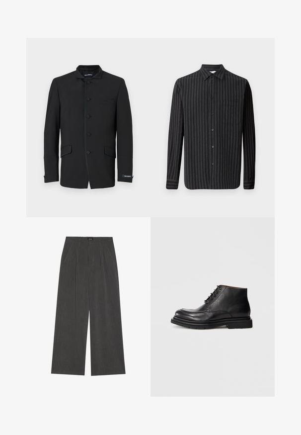 Giacca nera con colletto alla cinese, dotata di sei bottoni, due tasche laterali e dettagli di cuciture sottili. Tessuto dalla texture liscia.; Samsøe Samsøe LIAM SHIRT - Camicia - castor gray; Pantaloni a gamba larga in tessuto grigio scuro, con fronte plissettato, due tasche laterali e vita piatta. Texture liscia e design sartoriale.; Stivale alla caviglia in pelle nera con chiusura con lacci, punta rotonda e suola spessa in gomma su uno sfondo bianco puro.