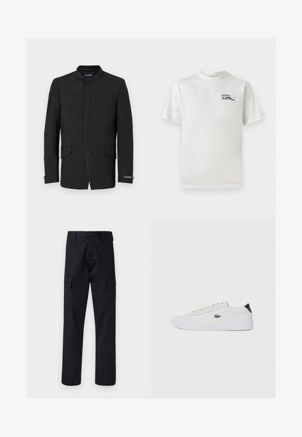 Musternakk, millel on mandariini kaelus, kuue nupuga kinnitused, kaks küljetaskut ja peened tikandi detailid. Sile kangatextuur.; Valge puuvillane T-särk ümmarguse kaelusega, lühikeste varrukatega ja väikese tikandiga logoga, millel on mäed ja tekst vasakul rinnal.; Mustad mustad püksid, mis on valmistatud tugevast materjalist, sirge lõikega, kaht küljetaskut ja nööbiga sulgemist vöökoha juures.; Valge nahast tenniseking ümara ninaga, lukkude ja musta kontsa aktsendiga. Külgedel on väike broderi krokodilli logo.