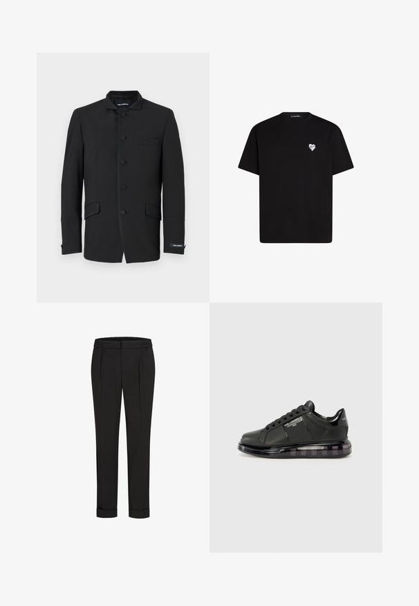 Čierna bunda s mandarínovým golierom, so šiestimi gombíkovými zapínaniami, dvoma bočnými vreckami a jemnými detailmi stehu. Hladká textúra látky.; Čierne bavlnené tričko s krátkymi rukávmi, okrúhlym výstrihom a malou bielou srdiečkovou grafikou na ľavej hrudi.; Čierne nohavice s elastickým pásom, s rovnými nohavicami a prehnutými manžetami. Vyrobené z hladkej tkaniny bez vzorov.; Čierne tenisky s hladkým koženým vrchom, zaoblenou špičkou a dizajnom na šnurovanie. Sú vybavené priehľadnou, polstrovanou podrážkou s tmavým gradientom.