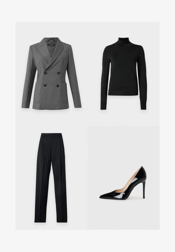 Double-breasted grey blazer with wide lapels, four black buttons, two front patch pockets, and long sleeves, displayed on a white background.; Black long-sleeve turtleneck sweater with ribbed cuffs and hem, displayed on a plain white background.; Black trousers made from smooth fabric featuring a high waist, wide legs, front pleats, and classic belt loops. No side pockets visible.; Black patent leather high-heeled pump with a pointed toe design and a sleek silhouette. Features a smooth, shiny finish and a slender stiletto heel.