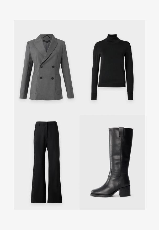 Double-breasted grey blazer with wide lapels, four black buttons, two front patch pockets, and long sleeves, displayed on a white background.; Black long-sleeve turtleneck sweater with ribbed cuffs and hem, displayed on a plain white background.; Black flared trousers in lightweight fabric featuring a lace trim along the sides. Structured waistband and sleek, smooth texture.; Black leather knee-high boots with a smooth texture, square toe, block heel, and side pull tab, featuring minimal stitching details.