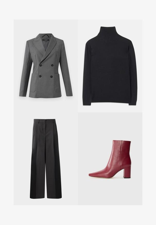 Blazer cinzento de dupla abotoadura com lapelas largas, quatro botões pretos, dois bolsos frontais de remendo e mangas compridas, apresentado sobre um fundo branco.; Suéter preto de gola alta feito de um tecido macio. Apresenta mangas longas, uma gola alta, e punhos e bainha canelados para um ajuste ajustado.; Calças largas pretas com cintura alta, apresentando pregas frontais, uma textura suave e um acabamento cuidado. Desenvolvidas para um ajuste relaxado.; Bota de tornozelo em couro bordô com bico afiado, salto bloco e textura suave, apresentando um design sem emendas e sem hardware visível.